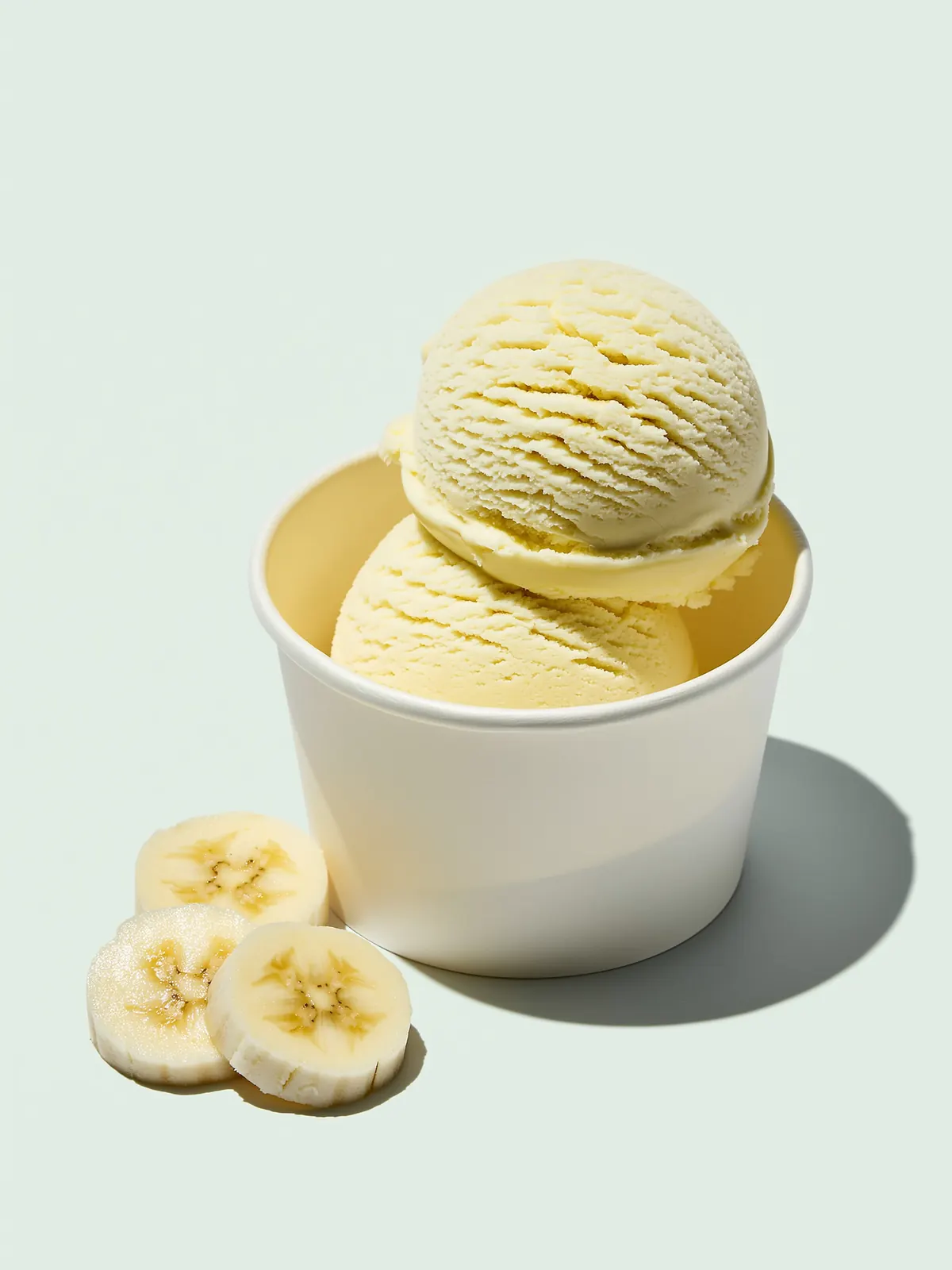 Banaan: twee bollen roomijs in een witte beker
