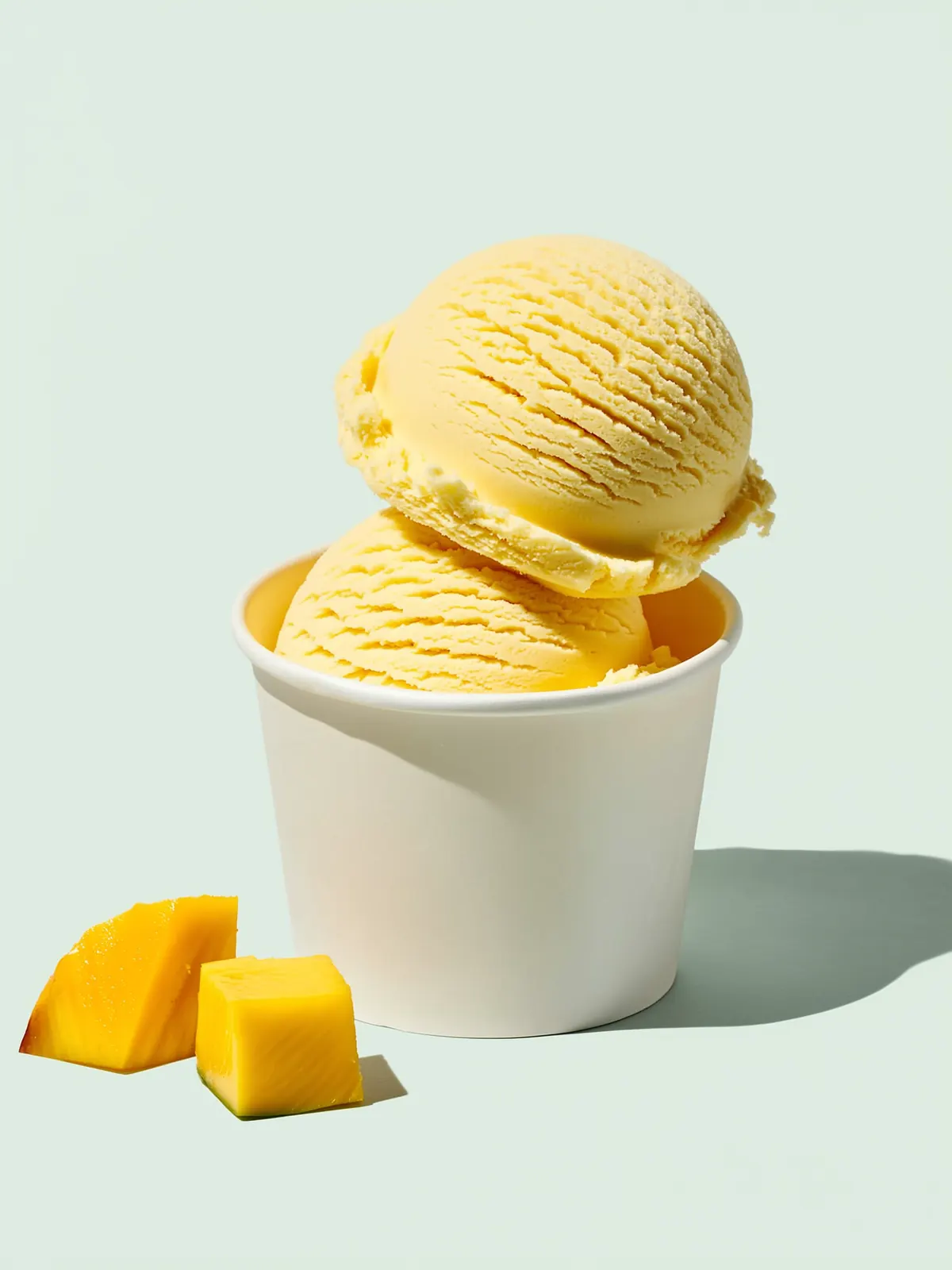 Mango: twee bollen roomijs in een witte beker