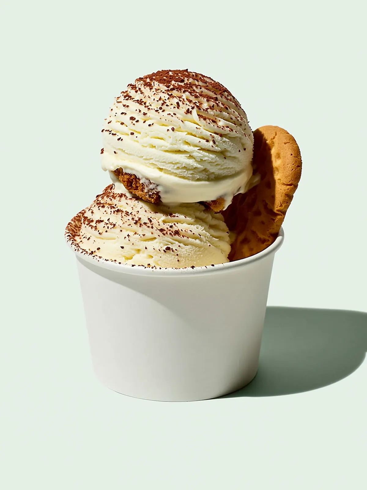 Tiramisu: twee bollen roomijs in een witte beker