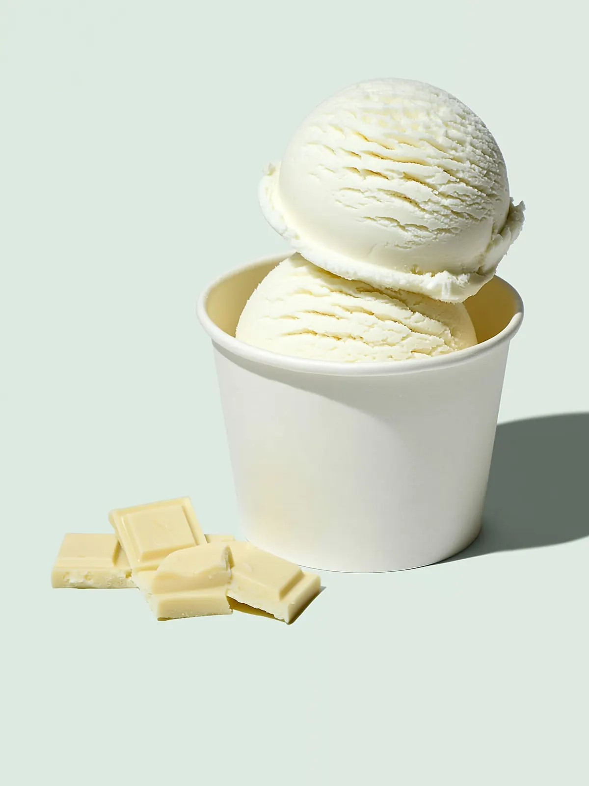 Witte chocolade: twee bollen roomijs in een witte beker