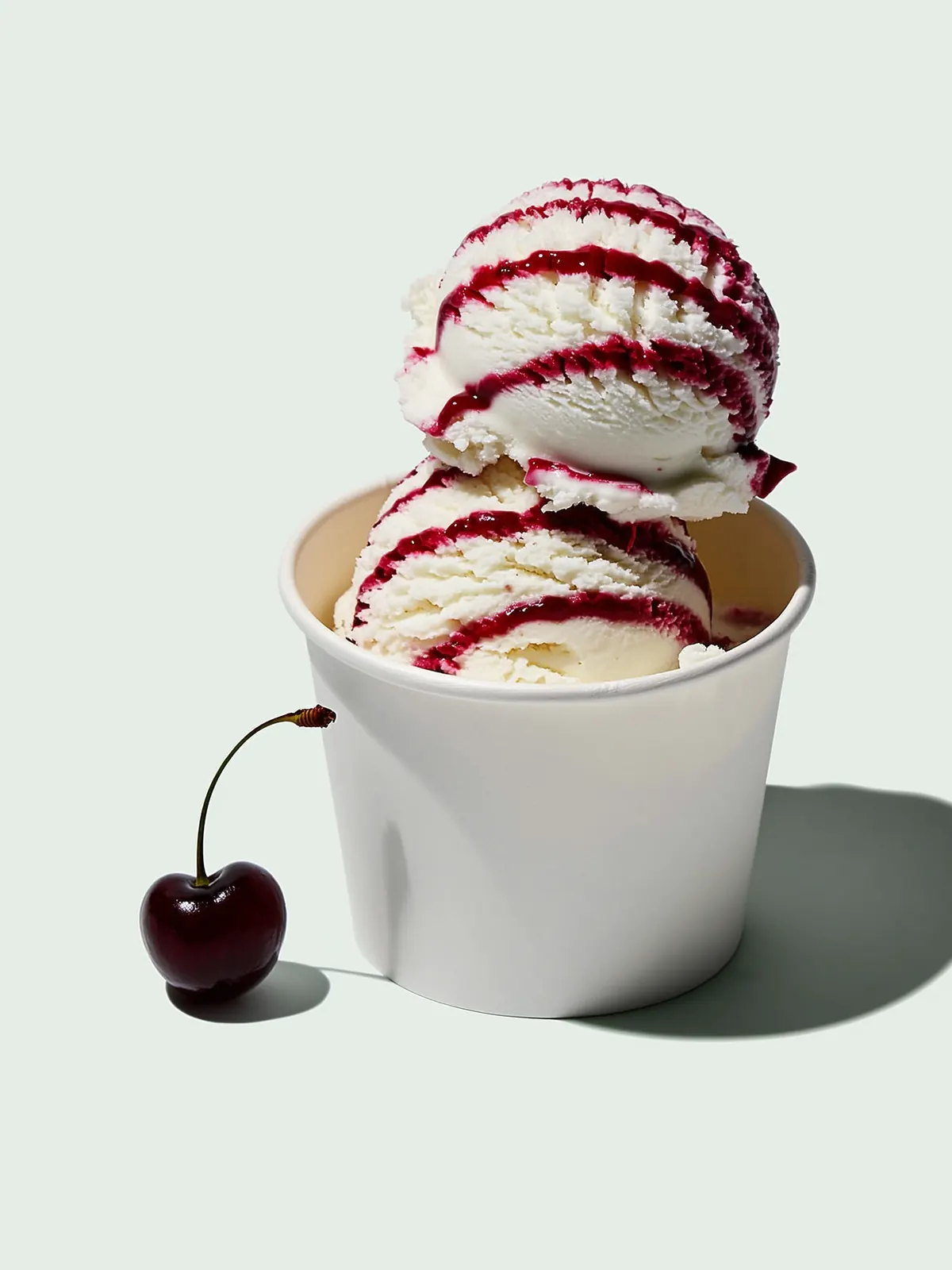 Yoghurt amarena: twee bollen roomijs in een witte beker